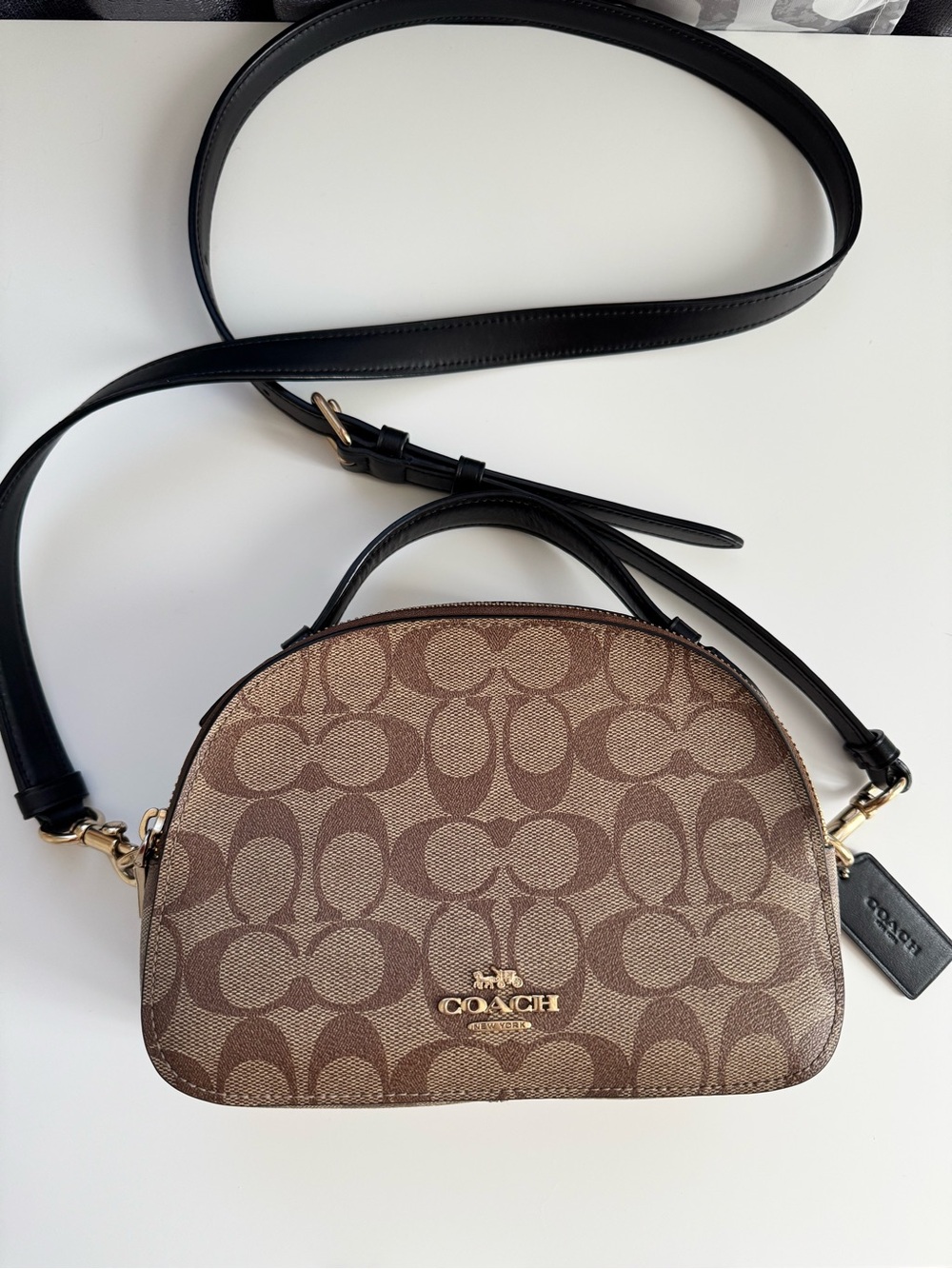 Coach Brown Monogram Dome Crossbody with Black Strap